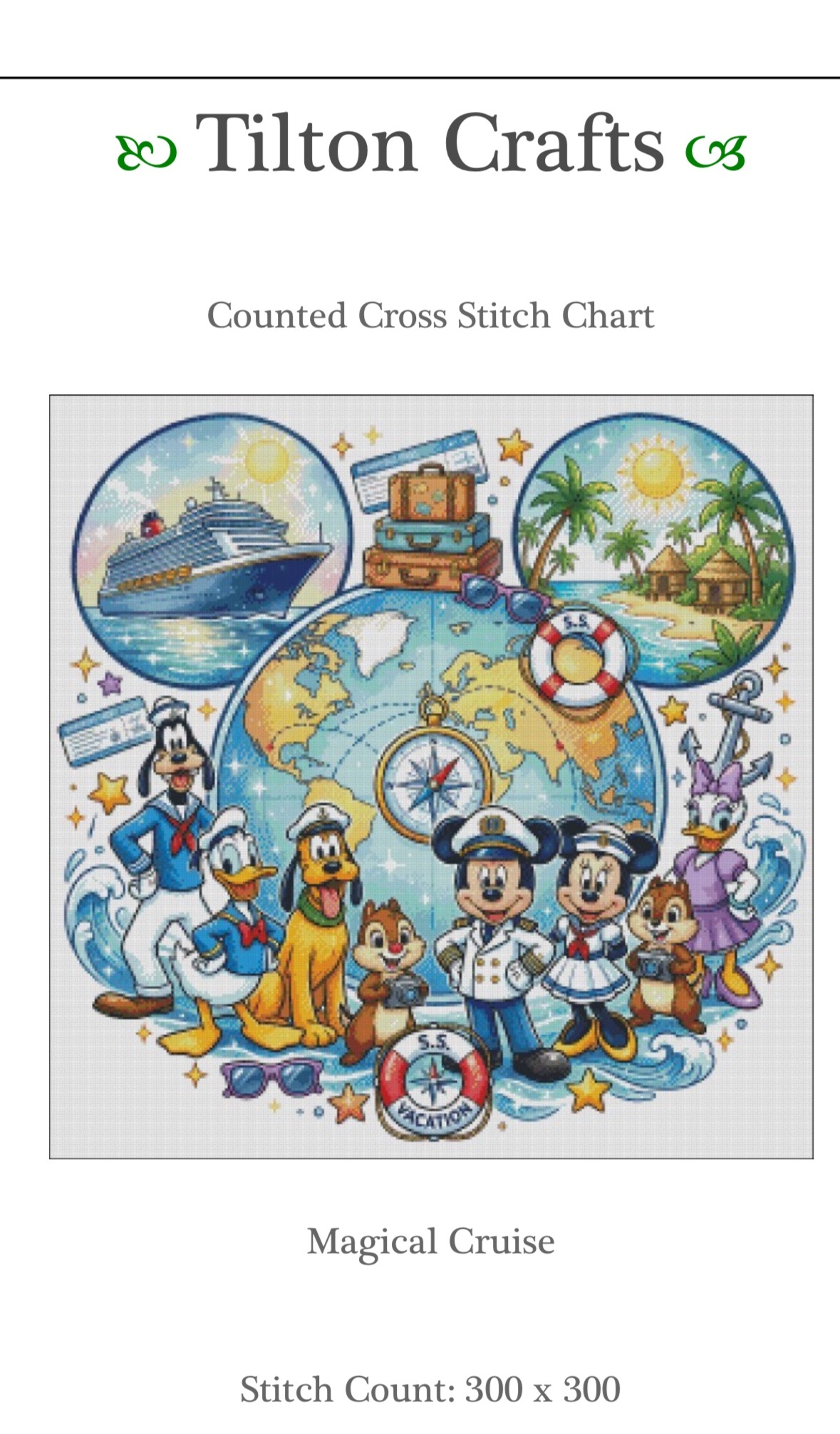 The &ldquo;Magical Cruise&rdquo; counted cross stitch chart cover by Tilton Crafts — a Mickey head holding a cruise ship, a tropical island, a compass rose, and the Disney characters in sailor outfits