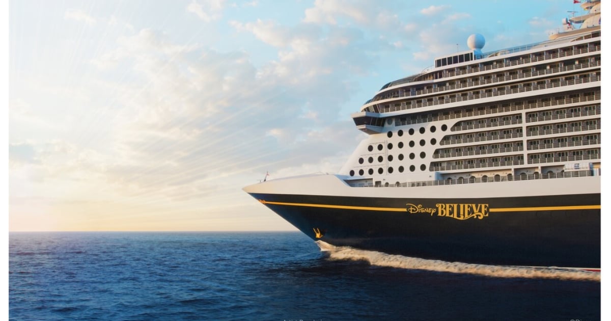 Disney's artist rendering of the Disney Believe at sea, her name in gold lettering on the bow