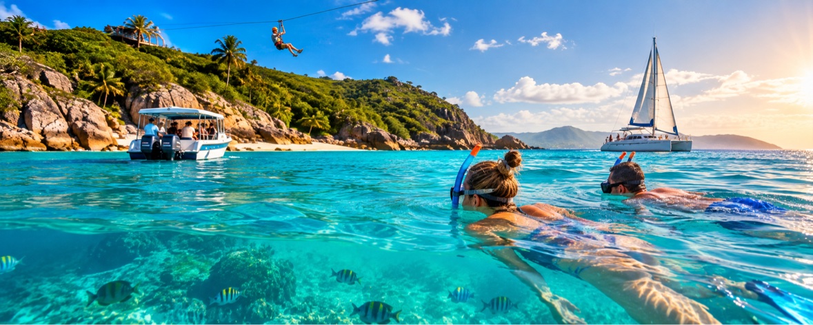 Snorkeling in clear turquoise water near a tropical island, with a tour boat, a catamaran, and a zip line overhead