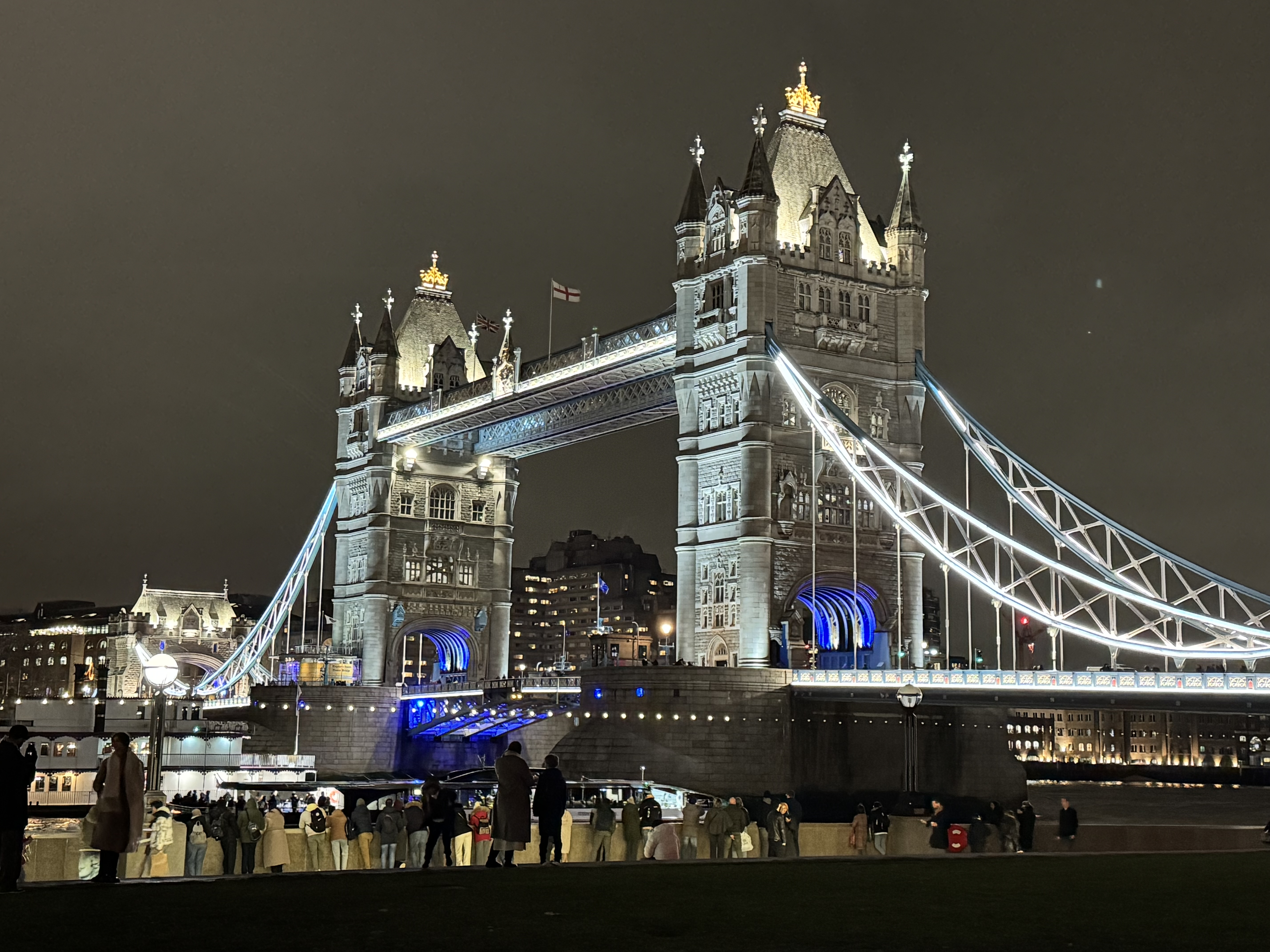 Tower Bridge in London illuminated at night, photographed by Anne Conrad